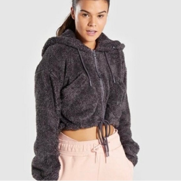 Gymshark Fuzzy Cropped Hooded Jacket Black Small - Picture 5 of 5